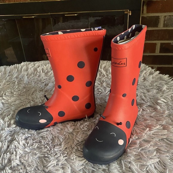 Joules Red Ladybug Rain Boots Big Kids Size 13 Red Black Pull On Wellie Boots - Picture 7 of 11